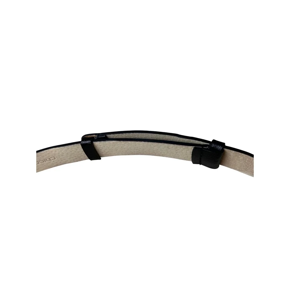 Chicos Black Genuine Leather Medallion Belt Silver Hammered Buckle AdjustableS/M
